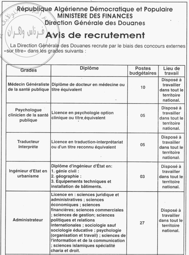 اعلان مسابقة توظيف في المديرية العامة للجمارك  الجزءالاول
