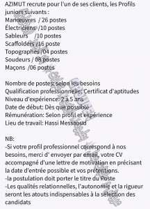 حاسي_مسعود_ولاية_ورقلة شركة 《AZIMUT 》توظف 80 عامل في مناصب مختلفة.  E_MAIL: recrutement@azimutbs.com