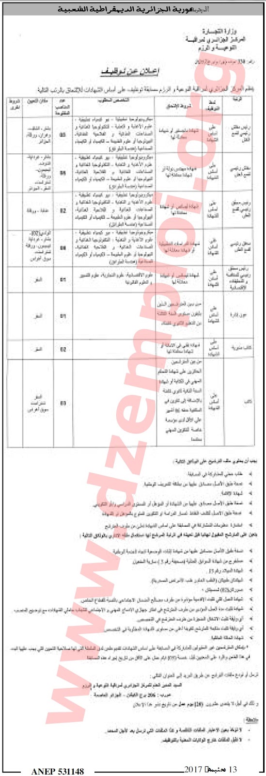 إعلان توظيف في المركز الجزائري لمراقبة النوعية والرزم الجزائر ديسمبر 2017