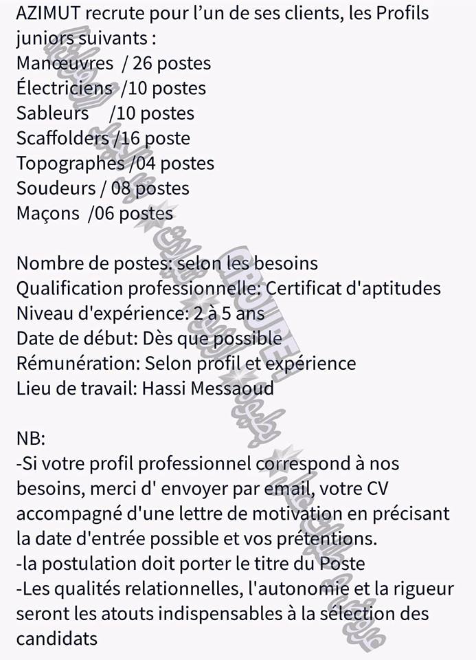 حاسي_مسعود_ولاية_ورقلة شركة 《AZIMUT 》توظف 80 عامل في مناصب مختلفة.  E_MAIL: recrutement@azimutbs.com