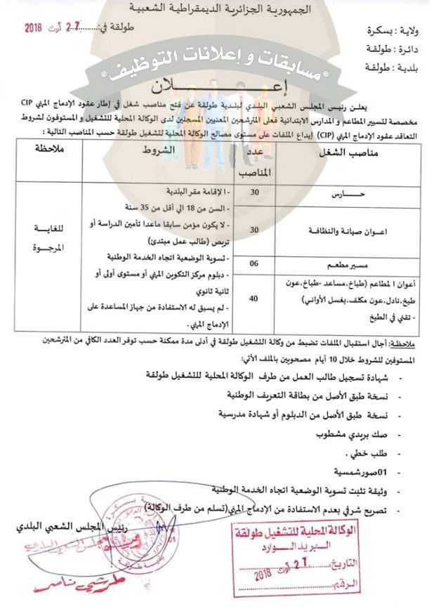 #هااااام  106 منصب عقود الإدماج المهني  -حارس : 30  -أعوان صيانة و نظافة : 30 -أعوان مطاعم : 40  -مسير مطعم : 06