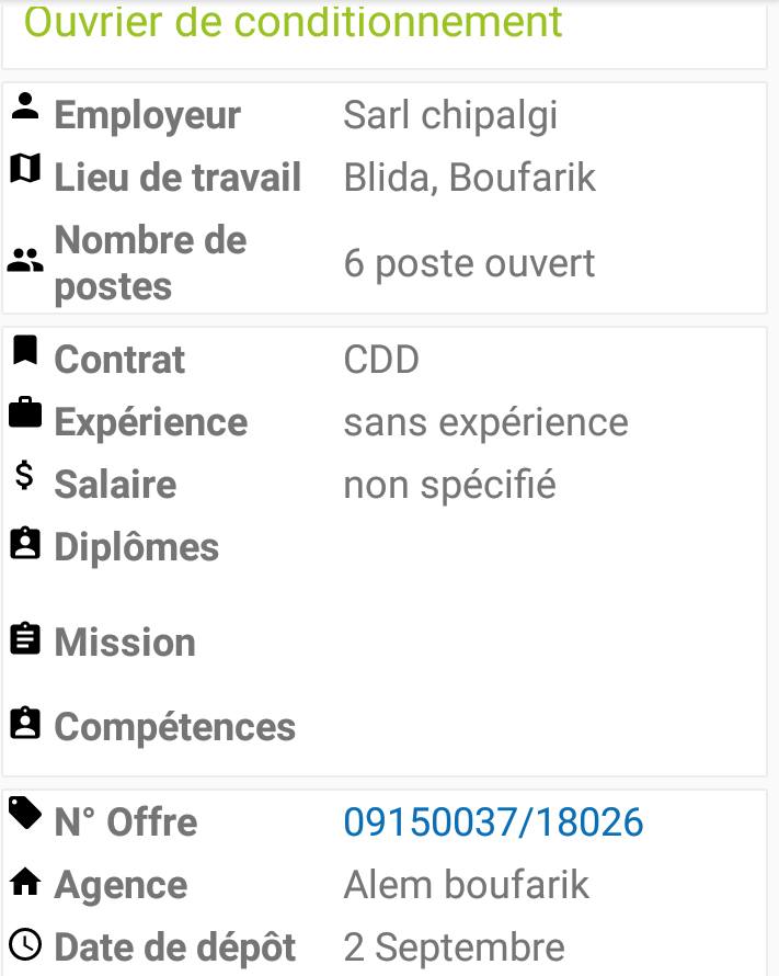 Offre emploi Blida Sarl Chipalgi 06 postes ouvert