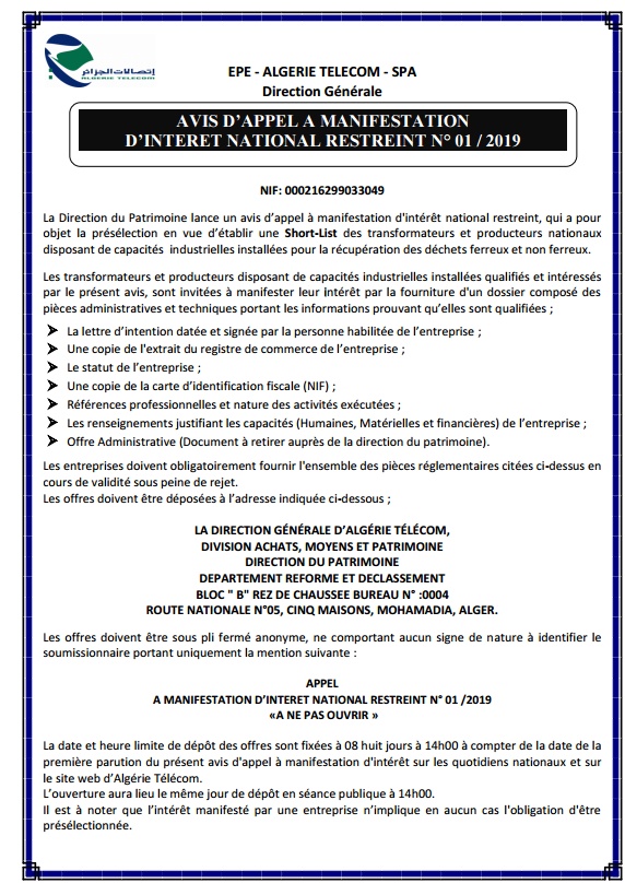 AVIS D’APPEL A MANIFESTATION D’INTERET NATIONAL RESTREINT N° 01 / 2019