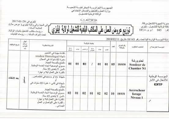 المؤسسة الوطنية للاشغال في الابار ENTP تطرح عرض مهم في ولاية اليزي والتسجيل في الوكالات التابعة للولاية