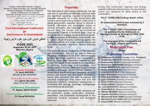 ournal de Géologie organise la 1 ère Conférence Internationale sur la Géo-Sciences & Environnement (1 er ICGSE).