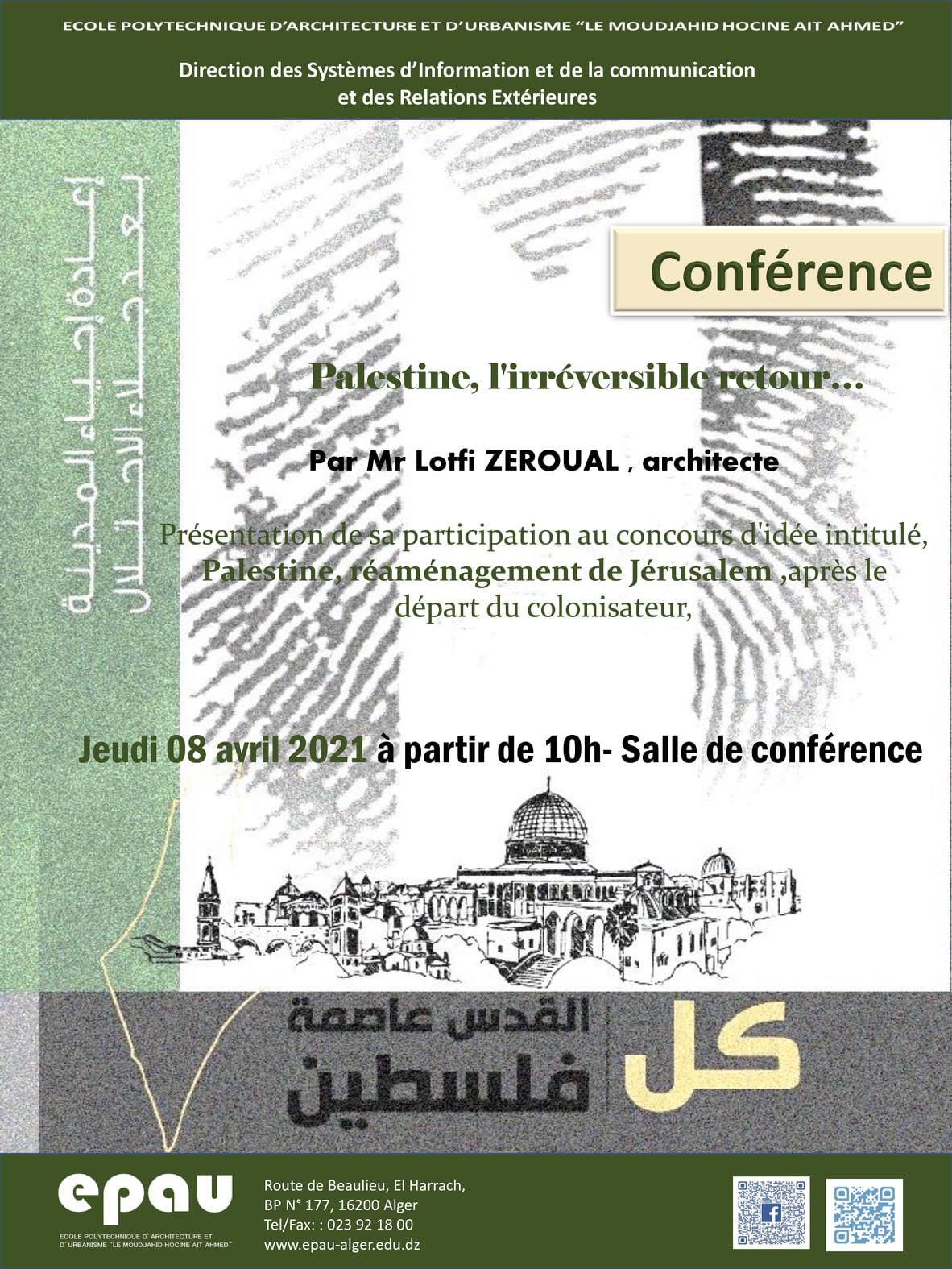 Conférence du jeudi 08 avril 2021 à partir de 10 h au niveau de la salle de conférence de l'École Polytechnique d'Architecture et d'Urbanisme