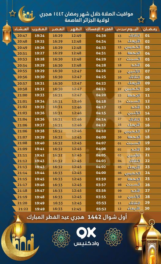 أوقات الإمساك والإفطار لشهر رمضان الكريم 2021-1442 في مدينة الجزائر وضواحيها