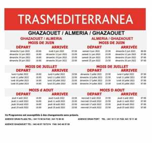 Programme ferry trasmediterranea, été 2022, Ghazaouet-Almeria-Ghazaouet