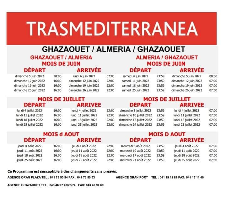 Programme ferry trasmediterranea, été 2022, Ghazaouet-Almeria-Ghazaouet