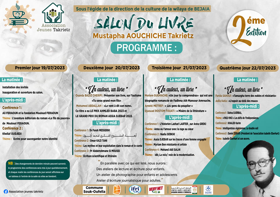 Programme Salon du livre de Takrietz du 19 au 22 juillet juillet.