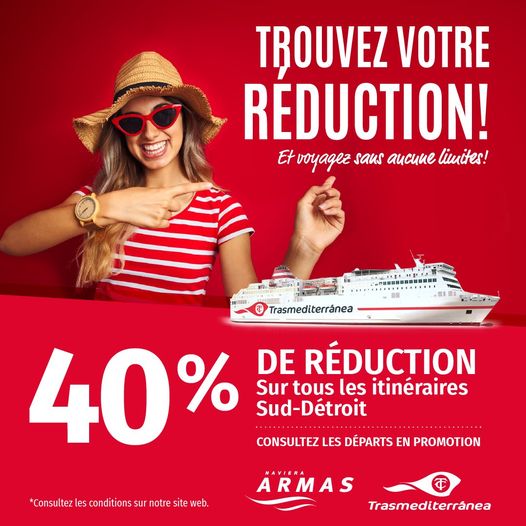 Trasmediterránea   : lancez une recherche, réservez vos billets et partez en voyage avec 40 % DE RÉDUCTION ‼️
