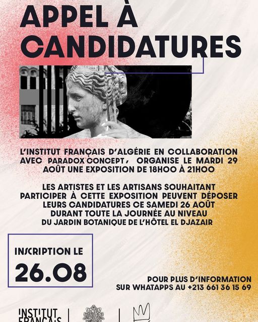 🎨 Ne ratez pas cette opportunité artistique ! L’Institut français d’Algérie et Paradox Concept vous invitent à une exposition captivante le mardi 29 août, de 18h00 à 21h00. 🏨✨