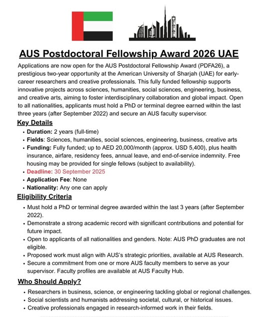 فرصة مميزة للباحثين ما بعد الدكتوراه 📍 الجامعة الأمريكية بالشارقة – AUS