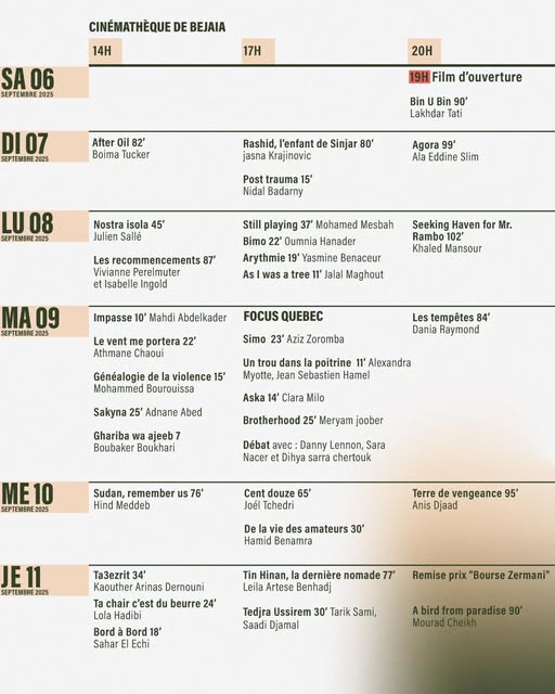 Programme des 20e Rencontres Cinématographiques de Béjaïa.