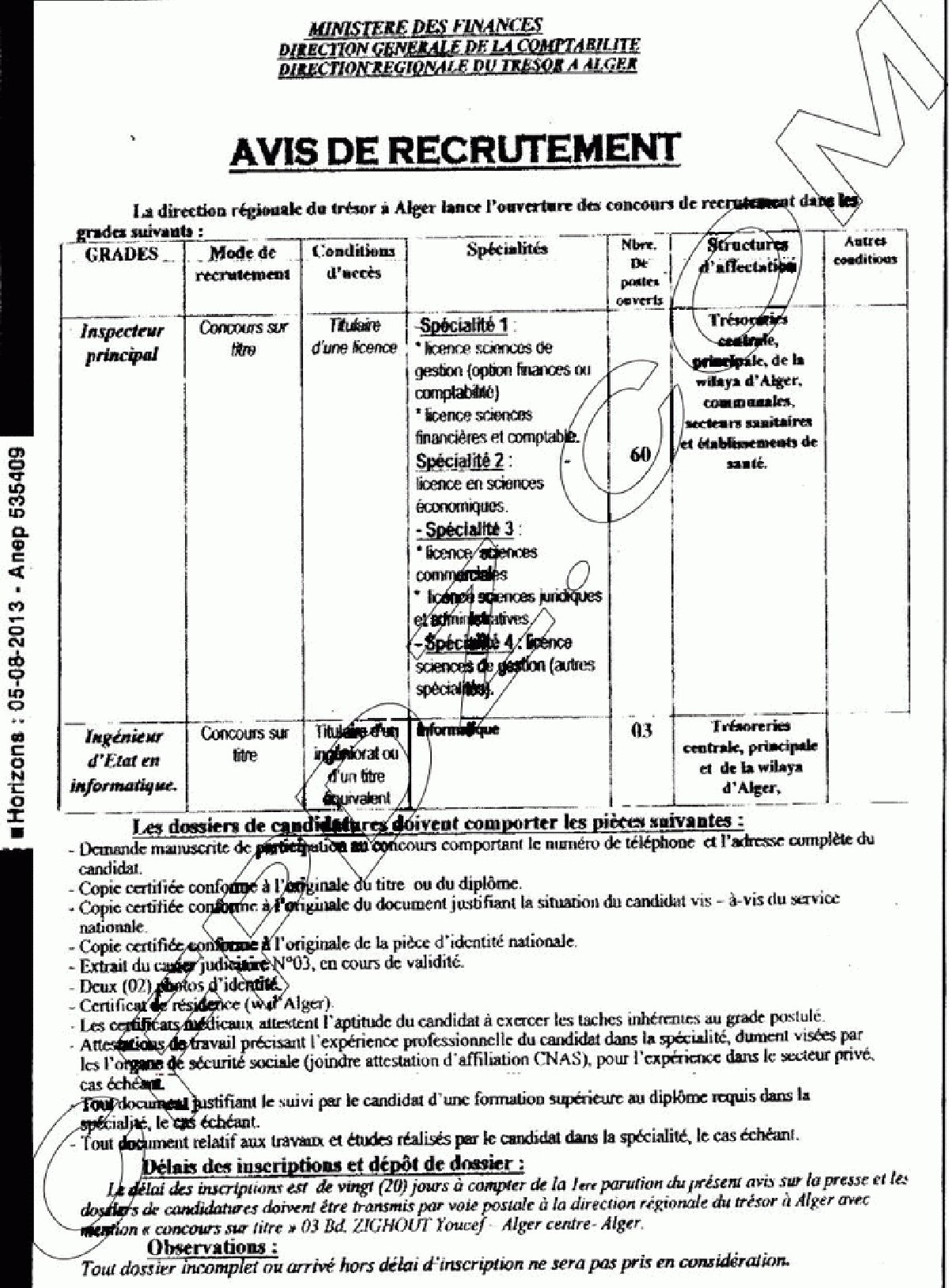 recrutement à la direction régionale du trésor Alger Août 2013