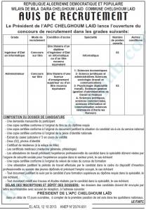 recrutement apc chelghoum laid