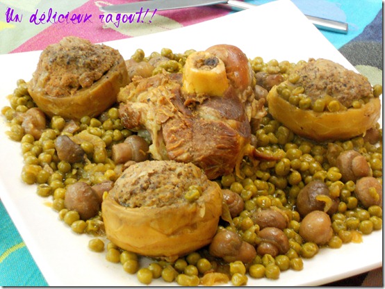 Cœurs d'artichauts farcis et petit pois en ragout