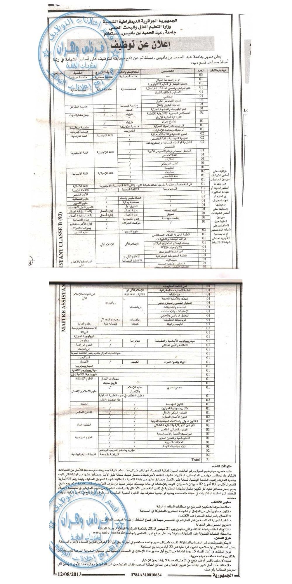 Université Mostaganem, recrutement des maîtres assistants classe 
