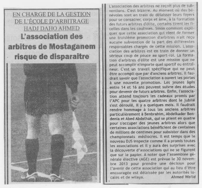 EN CHARGE DE GESTION DE L'ECOLE D'ARBITRAGE HADJ DAHO AHMED L'association des arbitres de Mostaganem risque de se disparaitre