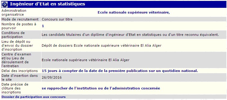 توظيف بالمدرسة العليا للبيطرة (مهندس دولة في الاحصاء)
