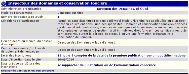 توظيف بمديرية املاك الدولة بولاية الوادي (مفتش)