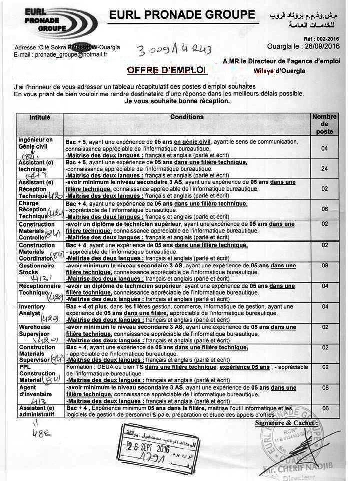 اعلان توظيف 76 مهندس وتقني بشركة BRONADE GROUPE للخدمات العامة بورقلة سبتمبر 2016