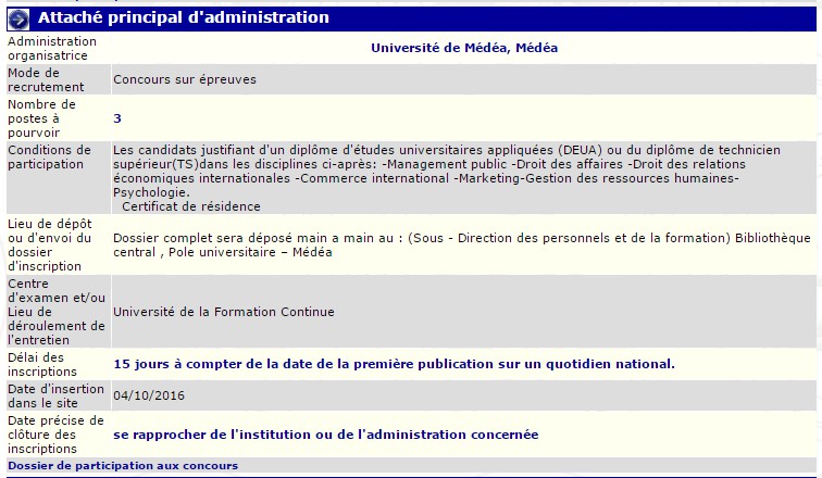 Université de Médéa recrute - attaché principal d'administration -