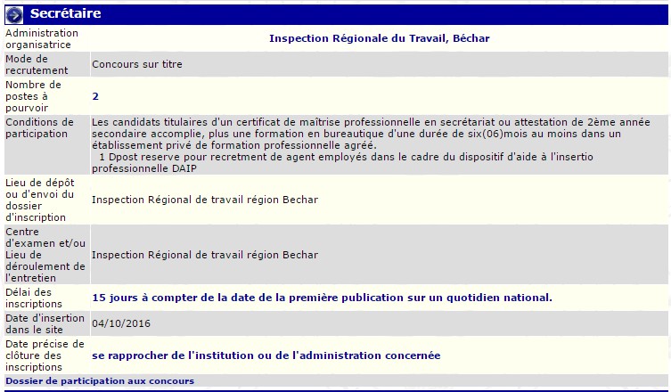 Inspection régionale du travail, Bechar recrute - Secretaire -