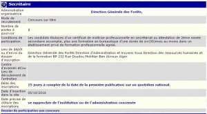 Direction générale des forets Ben Aknoun Alger recrute - secretaire -