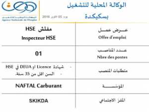 توظيف بمؤسسة نفطال ولاية سكيكدة أكتوبر 2016 - مفتش HSE -