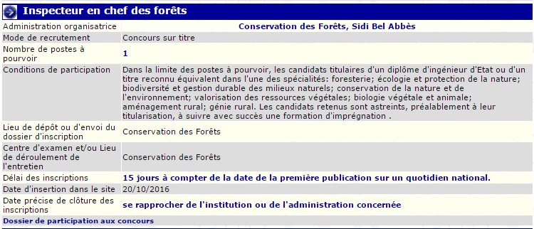 recrutement - inspecteur en chef des forets à Sidi belabbes