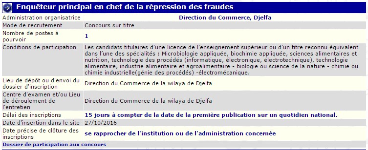 recrutement - enqueteur principal en chef de la repression des fraudes à la direction du commerce Djelfa