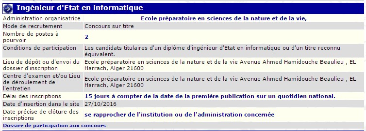 recrutement - ingenieur d’état en informatique à l’école préparatoire en sciences de la nature et de la vie el harrach Alger