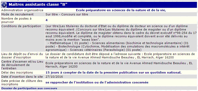 recrutement -maitres assistants classe B à l’école préparatoire en sciences de la nature et de la vie el harrach Alger