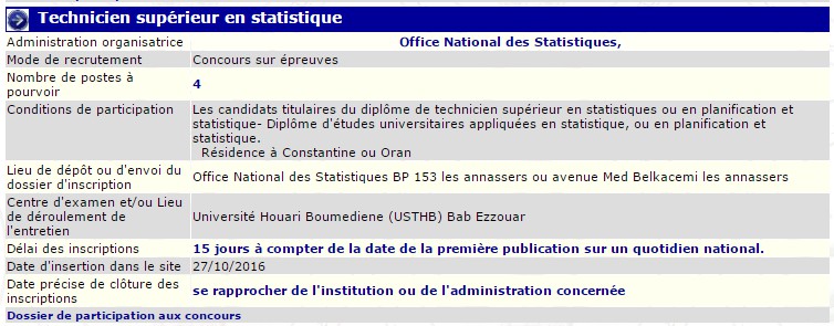recrutement - technicien supérieur en statistique à l'office national des statistiques Bab ezzouar Alger