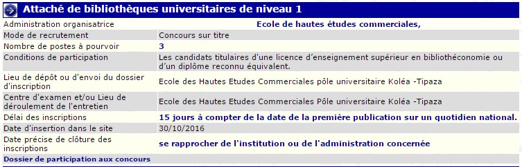 recrutement 30/10/2016 - attaché de bibliotheques universitaires de niveau 1 à l’école de hautes études commerciales koléa wilaya de Tipaza