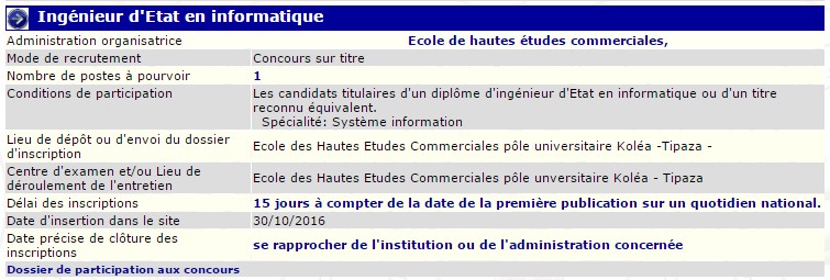 recrutement 30/10/2016 - ingenieur d'etat en informatique à l’école de hautes études commerciales koléa wilaya de Tipaza