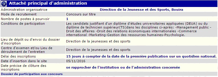 - recrutement 05/11/2016 - attaché principal d'administration à la direction de la jeunesse et des sports Bouira