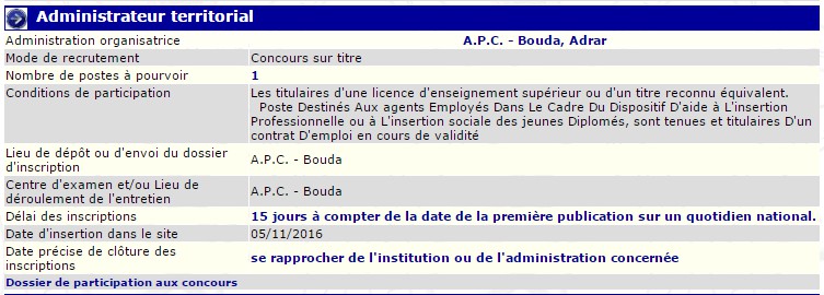 recrutement 05/11/2016 - Administrateur territorial à l'APC à Bouda - Adrar