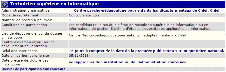 recrutement 05/11/2016 - technicien supérieur en informatique au centre psycho-pédagogique pour enfants handicapés mentaux de chlef