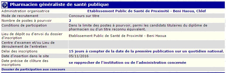 recrutement 05/11/2016 - pharmacien generaliste de la santé publique à l'epsp Beni houa, Chlef