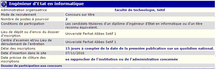 recrutement 07/11/2016 - ingenieur d'etat en informatique à la faculté de technologie, Sétif