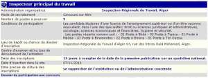 recrutement 07/11/2016 - inspecteur principal du travail à l'inspection régionale du travail, Alger