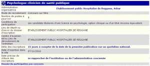 recrutement 07/11/2016 - psychologue clinicien de la santé publique à l'EPH Reggane, Adrar
