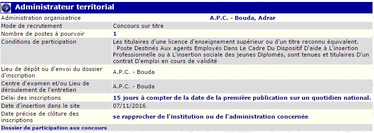 recrutement 07/11/2016 - administrateur territorial à l'APC de Bouda, Adrar