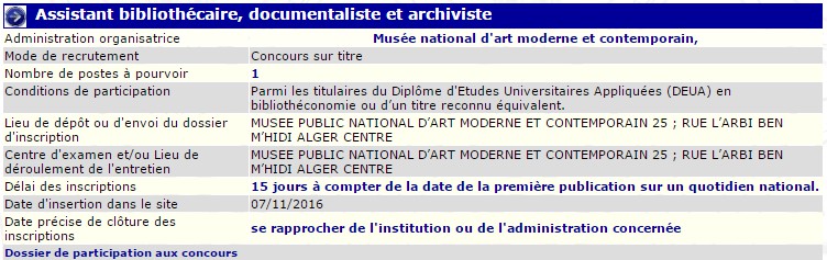 recrutement 07/11/2016 - assistant bibliothécaire, documentaliste et archiviste au musée national d'art moderne et contemporain
