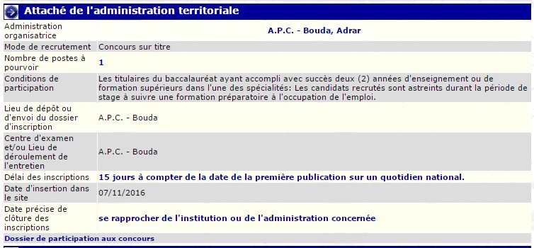recrutement 07/11/2016 - attaché de l'administration à l'APC de Bouda, Adrar