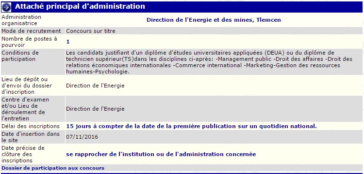 recrutement 07/11/2016 - attaché principal d'administration à la direction de l’énergie et des mines Tlemcen