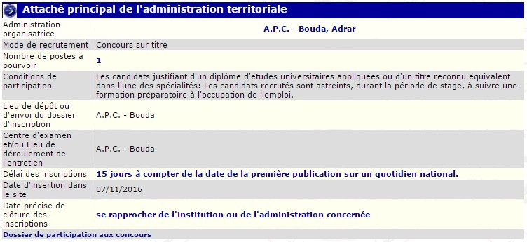 recrutement 07/11/2016 - attaché principal d'administration territoriale à l'APC Bouda,Adrar