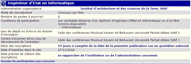 recrutement 07/11/2016 - ingenieur d'etat en informatique à l'institut d'architecture et des sciences de la terre, Sétif